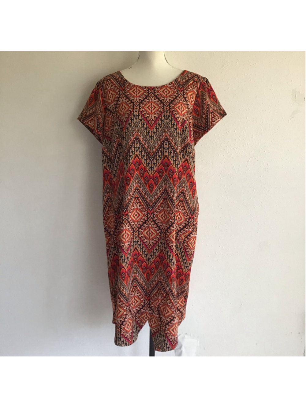 Shelby & Palmer Women Elegant Midi Dress Size 16W Orange Brown Geometric Print